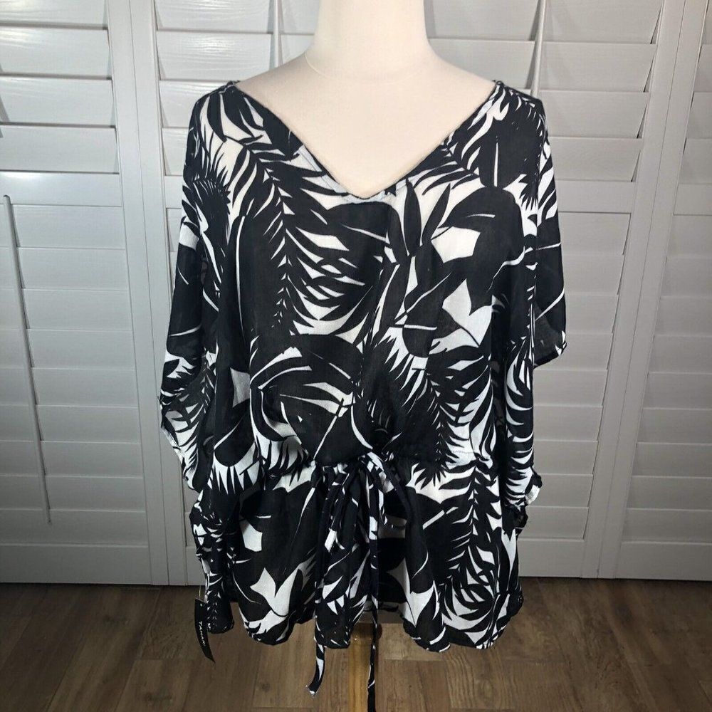 Tahari NEW Black and White Tropical Print Swim Cover Tunic Top OS Beach Pool